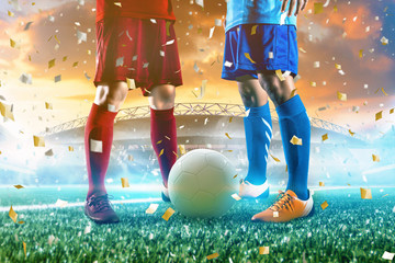 Wall Mural - Soccer player in action stand with football at stadium backgrounds.