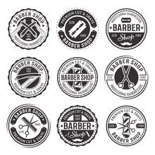 Barber Shop Set Of Nine Vector Vintage Badges