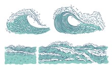 Vector Set Waves Sea Ocean. Big And Small Azure Bursts Splash With Foam And Bubbles. Outline Sketch Illustration Isolated On White Background.