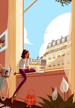Young Girl Sitting On The Window Enjoying Paris Moments