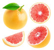 Isolated grapefruits. Collection of whole and cut fresh grapefruits isolated on white background with clipping path