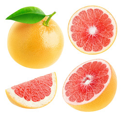 Leinwandbilder - Isolated grapefruits. Collection of whole and cut fresh grapefruits isolated on white background with clipping path