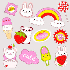 Wall Mural - Set of cute stickers in kawaii style