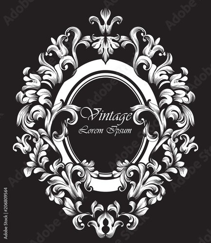 Round silver Frame Vector. Classic rich ornamented carved decors. Baroque sop...