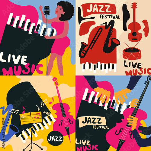 Fototapety Jazz  zestaw-kart-muzycznych-i-banerow-karty-muzyczne-z-instrumentami-ilustracji-wektorowych-plaski-jazz