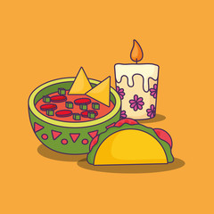 Wall Mural - nachos and tacos with mexican sauce bowl over orange background, colorful design. vector illustration