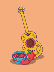 Wall Mural - mexican culture design with guitar and chili pepper sauce bowl icon over orange background, colorful design. vector illustration