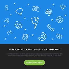 Poster - charts, mobile, photos, bookmarks outline vector icons and elements background concept on blue background.Multipurpose use on websites, presentations, brochures and more