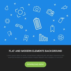 Poster - charts, mobile, photos, bookmarks outline vector icons and elements background concept on blue background.Multipurpose use on websites, presentations, brochures and more