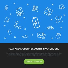 Poster - charts, mobile, photos, bookmarks outline vector icons and elements background concept on blue background.Multipurpose use on websites, presentations, brochures and more