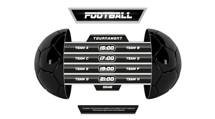 Wall Mural - Vector of soccer league with team competition and scoreboard isolated on white background. Football White Banner With 3d Ball and Scoreboard. Soccer game match. Half football ball