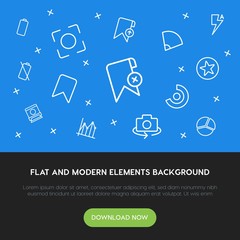 Poster - charts, mobile, photos, bookmarks outline vector icons and elements background concept on blue background.Multipurpose use on websites, presentations, brochures and more
