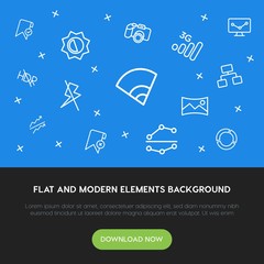Poster - charts, mobile, photos, bookmarks outline vector icons and elements background concept on blue background.Multipurpose use on websites, presentations, brochures and more