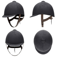 Set Of Classic Jockey Helmets For Horse-riding Athlete. All Side View. Velvet Material. 3D Render Illustration Isolated On A White Background.