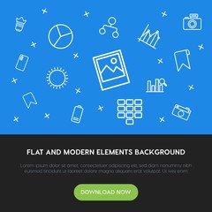 Poster - charts, mobile, photos, bookmarks outline vector icons and elements background concept on blue background.Multipurpose use on websites, presentations, brochures and more