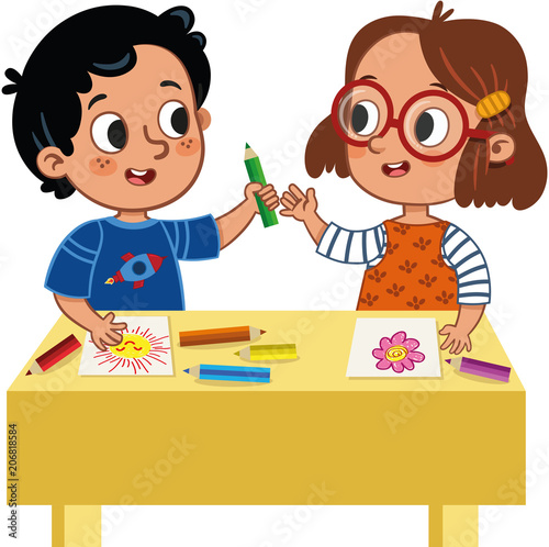 Two cute school children sharing colored pencils. Vector illustration ...