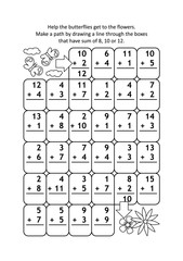 Math maze with addition facts: Help the butterflies get to the flowers. Make a path by drawing a line through the boxes that have sum of 8, 10 or 12.