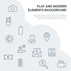 Poster - money, mobile, video, photos outline vector icons and elements background concept on grey background.Multipurpose use on websites, presentations, brochures and more