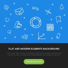 Poster - charts, mobile, photos, bookmarks outline vector icons and elements background concept on blue background.Multipurpose use on websites, presentations, brochures and more