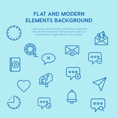 Poster - chat and messenger, video, time, email outline vector icons and elements background concept on blue background.Multipurpose use on websites, presentations, brochures and more