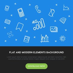 Poster - charts, mobile, photos, bookmarks outline vector icons and elements background concept on blue background.Multipurpose use on websites, presentations, brochures and more