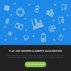 Poster - charts, mobile, photos, bookmarks outline vector icons and elements background concept on blue background.Multipurpose use on websites, presentations, brochures and more