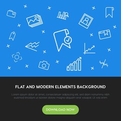 Poster - charts, mobile, photos, bookmarks outline vector icons and elements background concept on blue background.Multipurpose use on websites, presentations, brochures and more