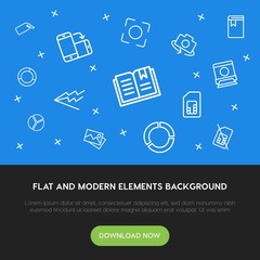 Poster - charts, mobile, photos, bookmarks outline vector icons and elements background concept on blue background.Multipurpose use on websites, presentations, brochures and more