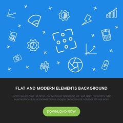 Poster - charts, mobile, photos, bookmarks outline vector icons and elements background concept on blue background.Multipurpose use on websites, presentations, brochures and more