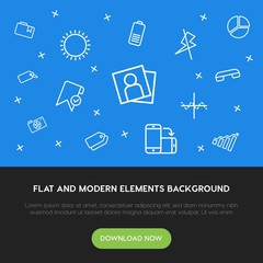 Poster - charts, mobile, photos, bookmarks outline vector icons and elements background concept on blue background.Multipurpose use on websites, presentations, brochures and more