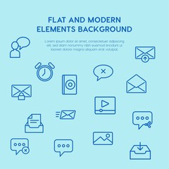 Poster - chat and messenger, video, time, email outline vector icons and elements background concept on blue background.Multipurpose use on websites, presentations, brochures and more