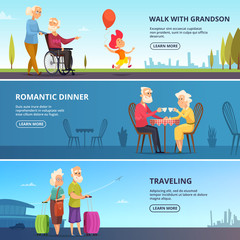 Poster - Horizontal banners set with illustrations of elderly couples in various situations