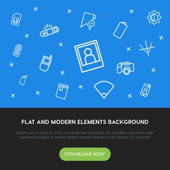 Poster - charts, mobile, photos, bookmarks outline vector icons and elements background concept on blue background.Multipurpose use on websites, presentations, brochures and more