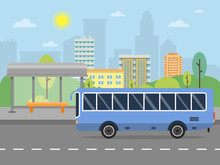 Urban Landscape With Illustration Of Public Bus Station