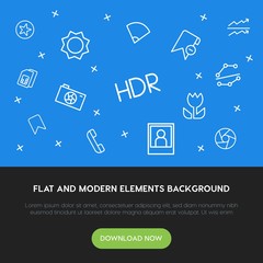 Poster - charts, mobile, photos, bookmarks outline vector icons and elements background concept on blue background.Multipurpose use on websites, presentations, brochures and more