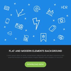 Poster - charts, mobile, photos, bookmarks outline vector icons and elements background concept on blue background.Multipurpose use on websites, presentations, brochures and more