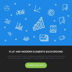 Poster - charts, mobile, photos, bookmarks outline vector icons and elements background concept on blue background.Multipurpose use on websites, presentations, brochures and more