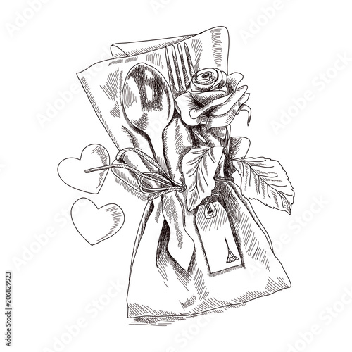 Concept Of Serving The Holiday Table Beautifully Composition Folded Napkin With Fork And Spoon The Composition Decorated With A Rose Flower Hand Drawn Sketch Vector Illustration Buy This Stock Vector And