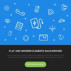 Poster - charts, mobile, photos, bookmarks outline vector icons and elements background concept on blue background.Multipurpose use on websites, presentations, brochures and more