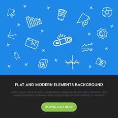 Poster - charts, mobile, photos, bookmarks outline vector icons and elements background concept on blue background.Multipurpose use on websites, presentations, brochures and more