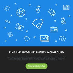Poster - charts, mobile, photos, bookmarks outline vector icons and elements background concept on blue background.Multipurpose use on websites, presentations, brochures and more