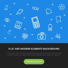 Poster - charts, mobile, photos, bookmarks outline vector icons and elements background concept on blue background.Multipurpose use on websites, presentations, brochures and more