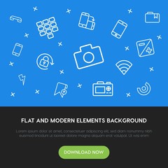 Poster - charts, mobile, photos, bookmarks outline vector icons and elements background concept on blue background.Multipurpose use on websites, presentations, brochures and more