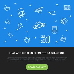 Poster - charts, mobile, photos, bookmarks outline vector icons and elements background concept on blue background.Multipurpose use on websites, presentations, brochures and more