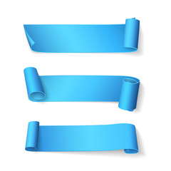Wall Mural - Set of short curved shiny blue ribbons. Vector realistic elements for sale banners and promotional design. Isolated from the background.