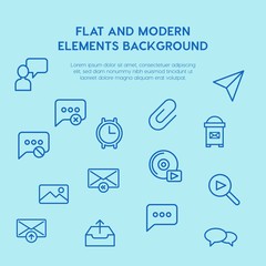 Poster - chat and messenger, video, time, email outline vector icons and elements background concept on blue background.Multipurpose use on websites, presentations, brochures and more