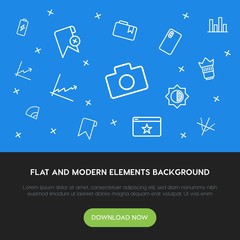 Poster - charts, mobile, photos, bookmarks outline vector icons and elements background concept on blue background.Multipurpose use on websites, presentations, brochures and more
