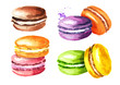 Traditional french Cakes macaron or macaroon, colorful almond cookies set. Watercolor hand drawn illustration, isolated on white background