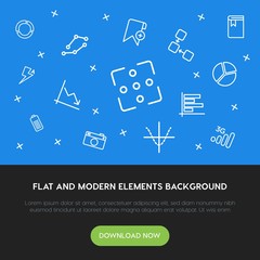 Poster - charts, mobile, photos, bookmarks outline vector icons and elements background concept on blue background.Multipurpose use on websites, presentations, brochures and more