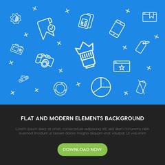 Poster - charts, mobile, photos, bookmarks outline vector icons and elements background concept on blue background.Multipurpose use on websites, presentations, brochures and more
